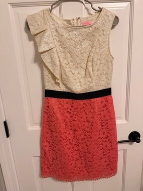 Lilly Pulitzer One-Shoulder Lace Dress in Cream, Coral & Black